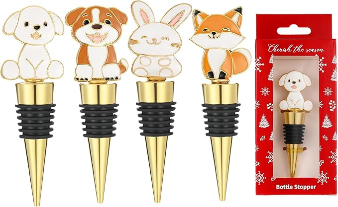 Christmas Wine Bottle Stopper,4 Pieces Christmas Dog Rabbit Fox Decorative Xmas Wine Bottle Stopper,Metal Reusable Christmas Bottle Stoppers for Wine, Champagne and Beer Collection (Animal)