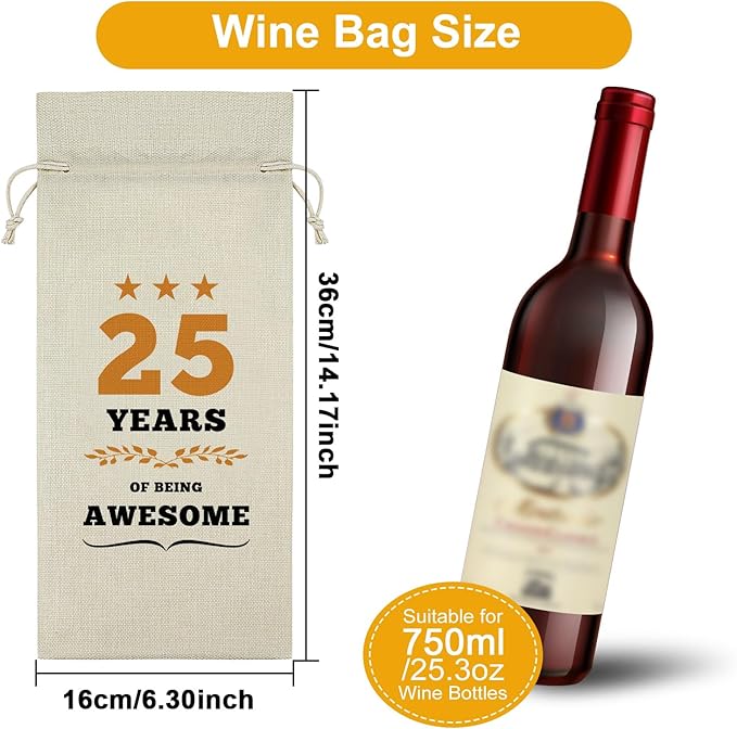 Sazuwu 25th Birthday Gifts for Women Wine Bag 25 Year Old Birthday Decorations for Her 1999 Birthday Gifts Wine Bottle Decoration Bag 25 Year Anniversary Birthday Gifts for Men Turning 25