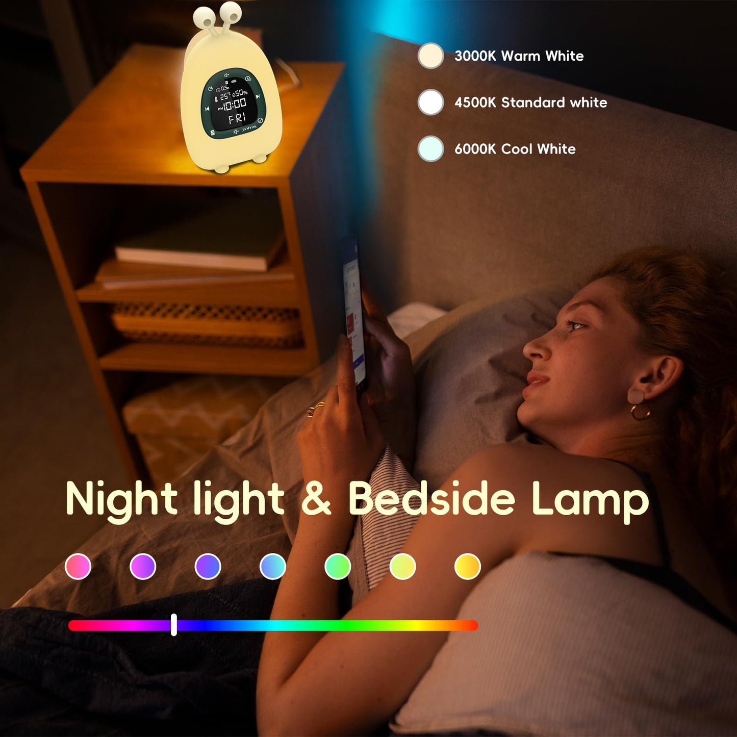 JAMYOK Sunrise Alarm Clock Wake Up Light, White Noise Sound Machine with 20 Soothing Sounds, 10 Night Lights, Bluetooth Speaker/App Control, Dimmable Clock for Baby Kids Adults Heavy Sleepers Bedrooms
