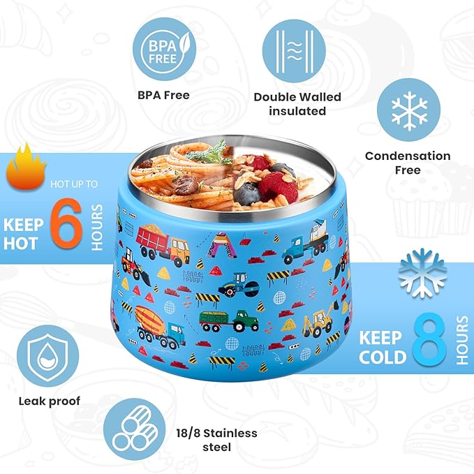 Kids Thermo for Hot Food, 14oz Insulated Soup Jar, Stainless Steel Lunch Box with Leakproof Lid & Spoon, Vacuum Insulated Bento Container (Truck)
