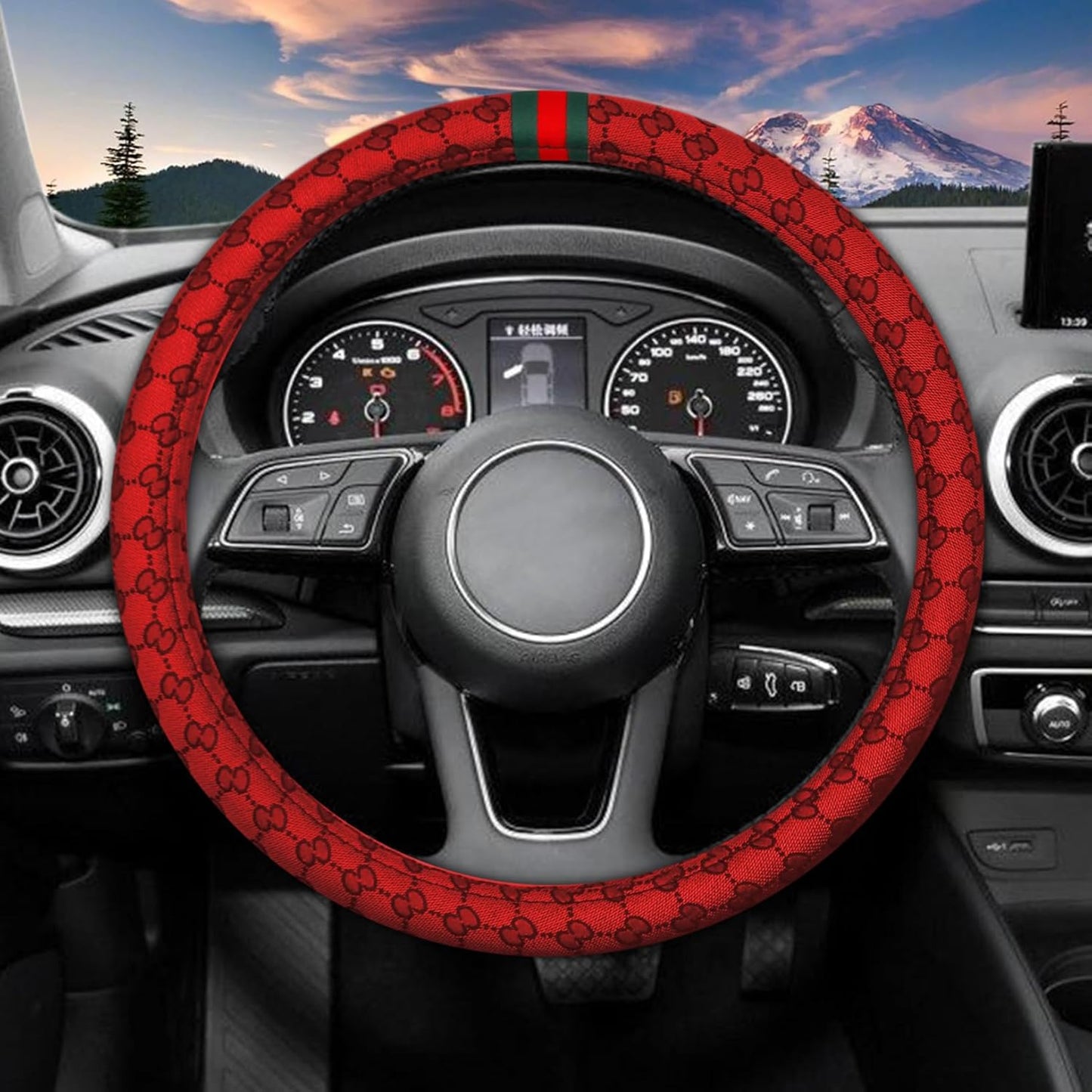 5PCS Steering Wheel Cover, with 2 Headrests, 2 Seat Belt Covers - Universal Fit for 14.5-15" Steering Wheel, Enhances Driving Experience - Perfect for Women (Red)