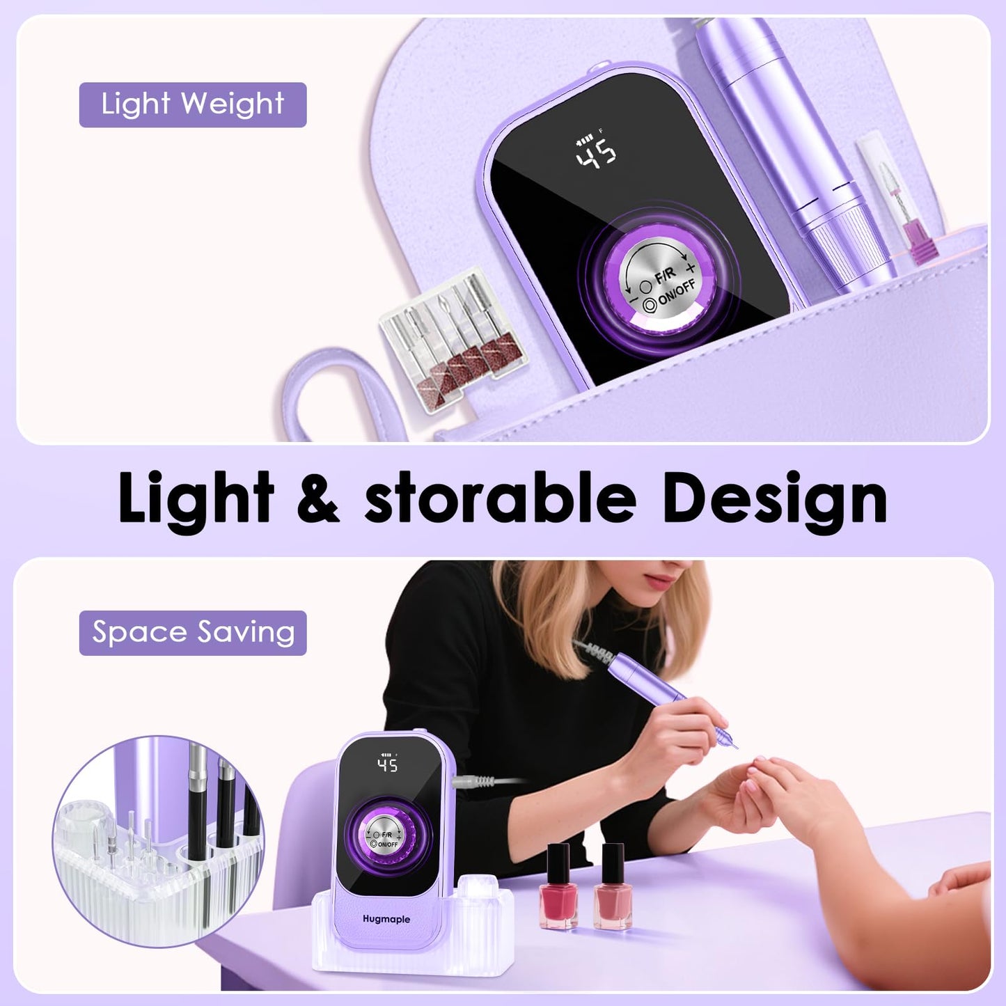 Professional Electric Nail Drill File, HUGMAPLE 45000RPM Portable E-File Machine with Bits & Base, Cordless Rechargeable Nail Dr