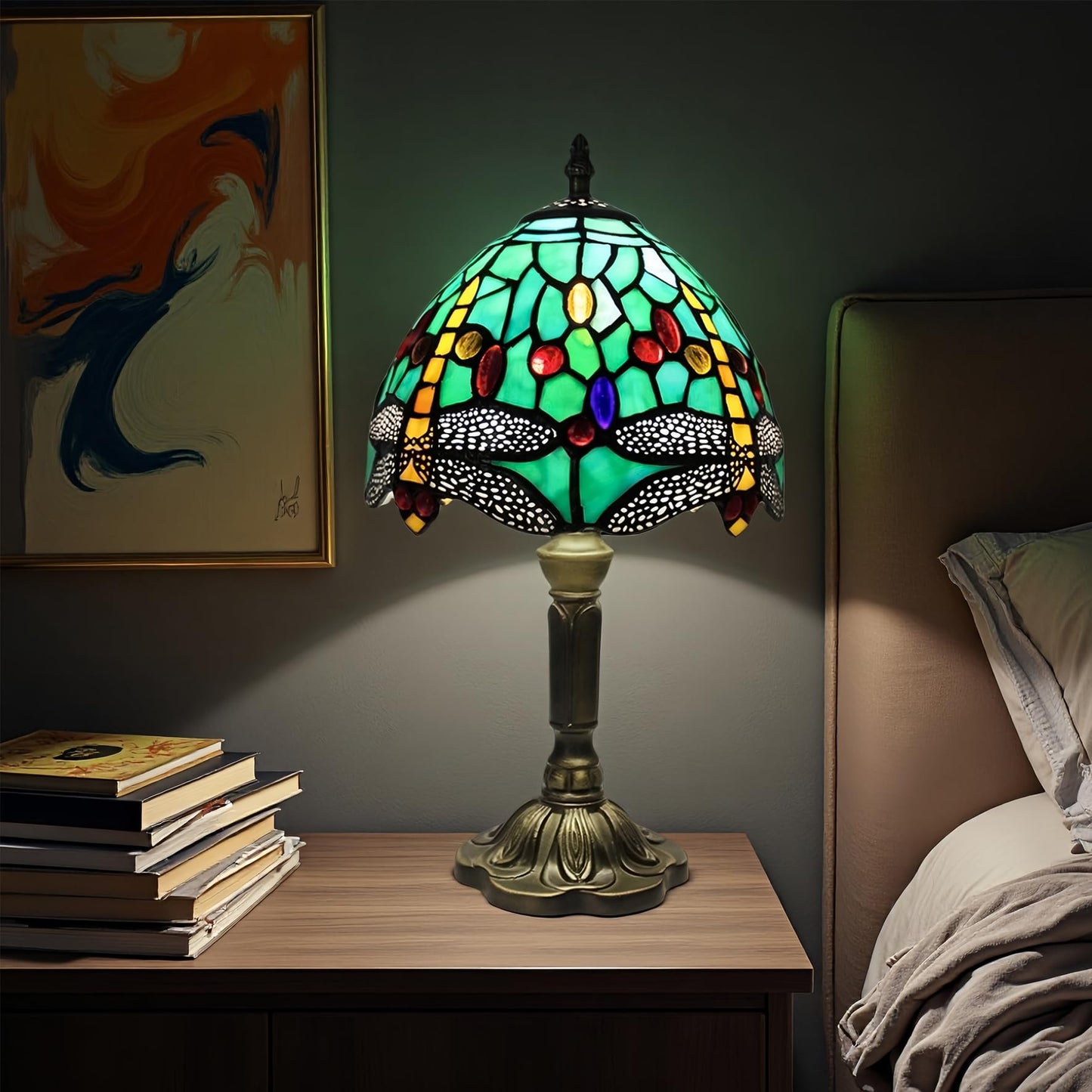 Exporify Tiffany Style Lamp,Dragonfly Stained Glass Table Lamp,8 Antique Bedside Night Light with Included LED Bulb,Warm White L
