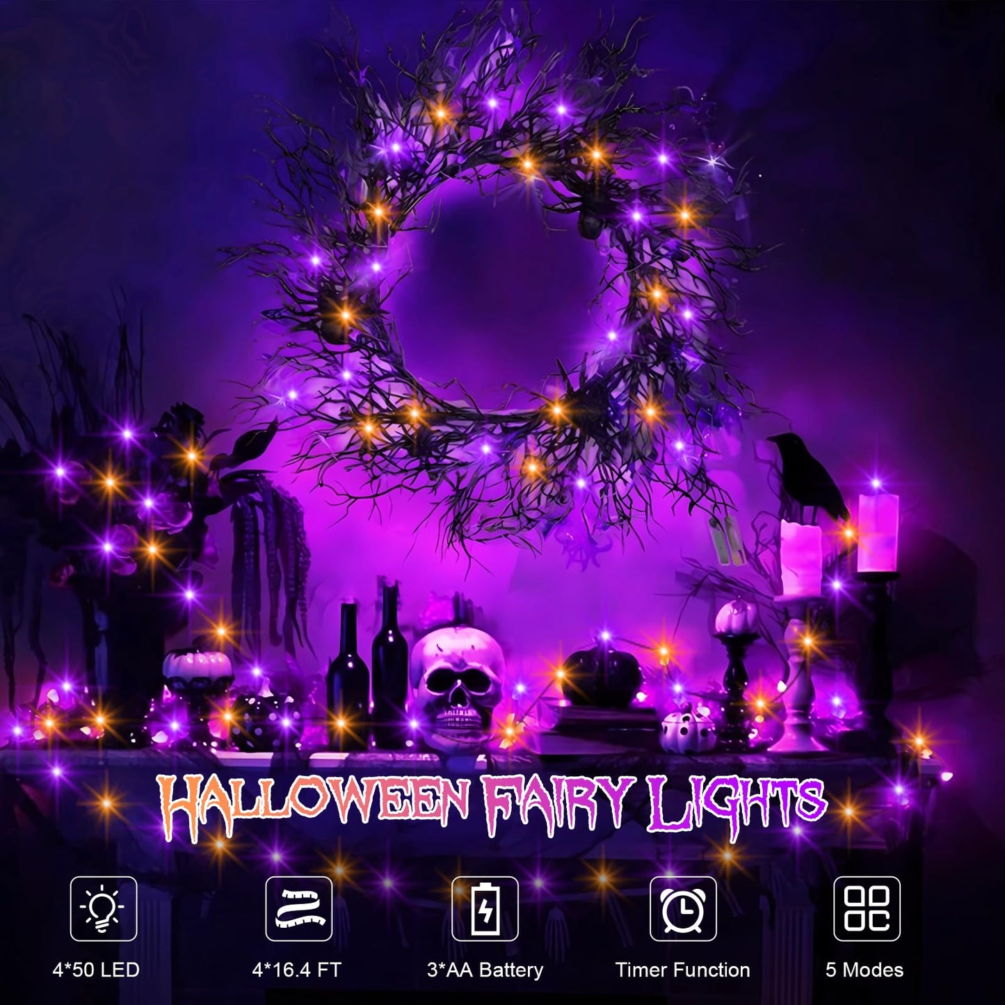 echosari Fairy Lights 50 LED Black Wire Twinkle Lights 4 Pack 16.4Ft Orange Purple with Timer 5 Modes for Halloween Decoration
