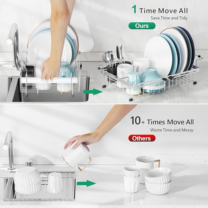 GSlife Expandable in Sink Dish Drying Rack - Stainless Steel Capacity Adjustable Over The Sink Dish Rack, Dish Drainer for Kitchen Sink Counter with Utensil Holder, 13.4"-20.5" L x 12.8" W, Silver