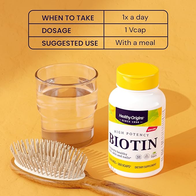 Healthy Origins Biotin 5,000 mcg (USP Grade, Non-GMO, Gluten Free, Hair Support, Nail Support), 360 Veggie Caps