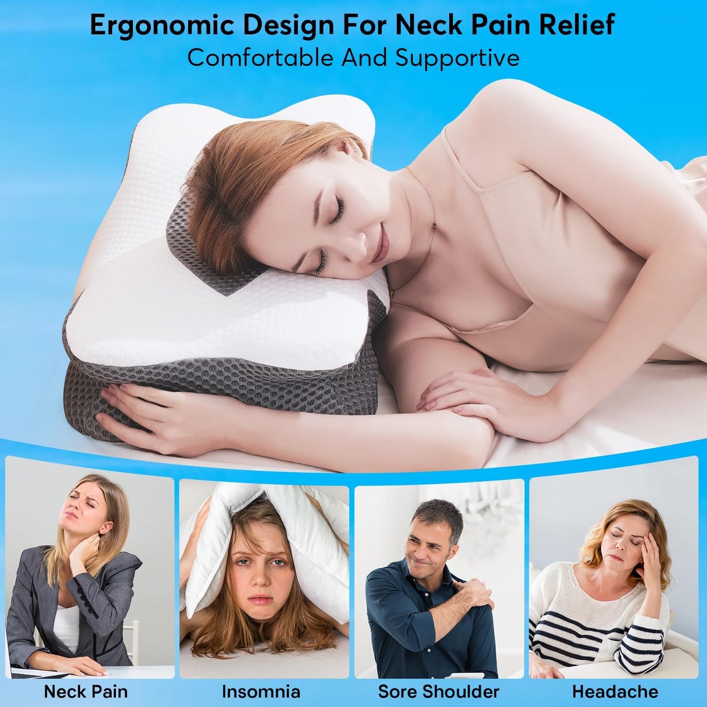 Anvo Cervical Pillow for Neck Pain Relief - Neck Pillows for Pain Relief Sleeping - Pillow for Neck and Shoulder Pain - Ergonomic Design for Side Back Stomach Sleeper-White Standard Firm