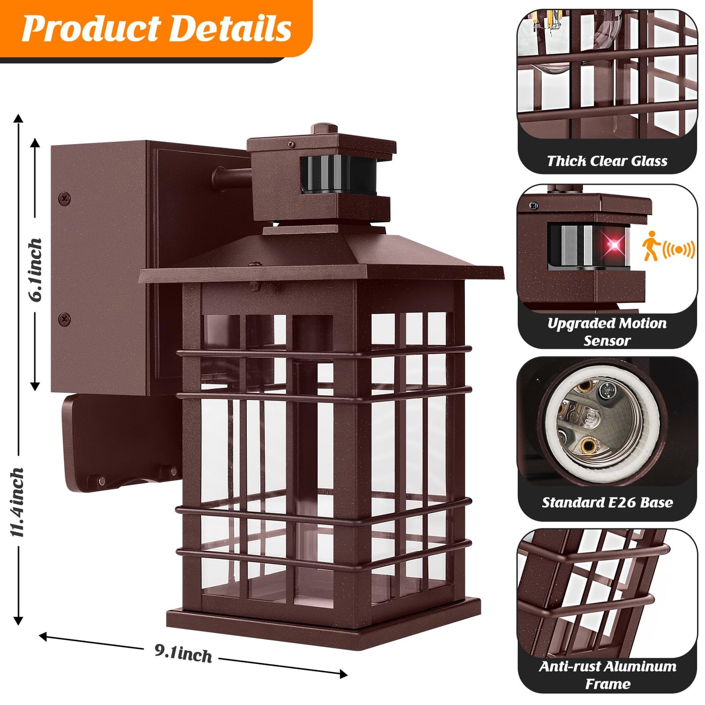 Porch Light With Gfci Outlets  Brown Motion Sensor Dusk To Dawn Outdoor Wall Light Fixture  Waterproof Outside Wall Lantern Sconce 3 Lighting Modes  Exterior Wall Light For Patio Garage Front Door