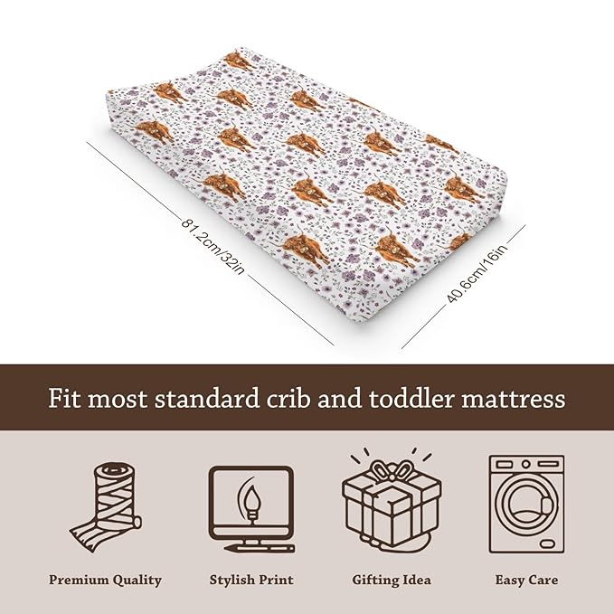 Soft 2 Pack Highland Cow Floral Pattern Baby Changing Pad Covers for Infant Newborn, Unisex Farm Animals Western Cow Flowers Nursery Fitted Diaper Changing Table Pad Mat Sheets for Boys Girls-16x32