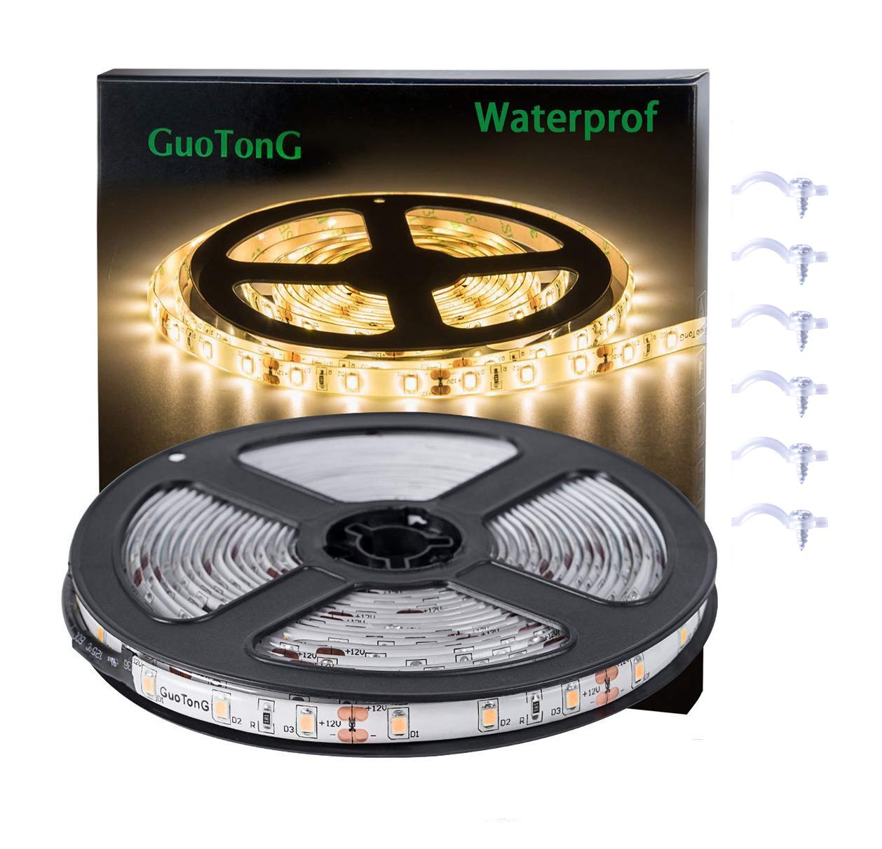 GUOTONG Warm White LED Strip Lights, 12V Waterproof 16.4ft Flexible Tape Light, 300 SMD 2835 for Indoor/Outdoor Use