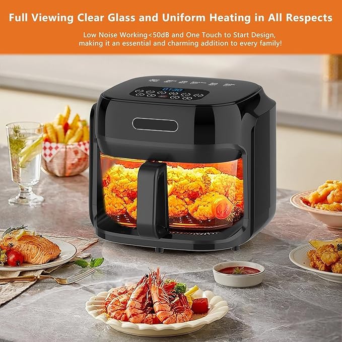 6.4QT Air Fryer with Visible Glass Bowl, 360° Even Heating System, Digital Control, Easy Clean (Black)