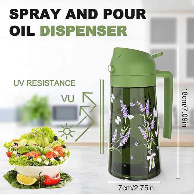 COOLMI Oil Sprayer for Cooking, 2 in 1 Olive Oil Dispenser Bottle Set for Kitchen, Food-Grade Glass Green Oil Vinegar Bottle Container - 16OZ/470ML Set of 2 (Beige + Green)