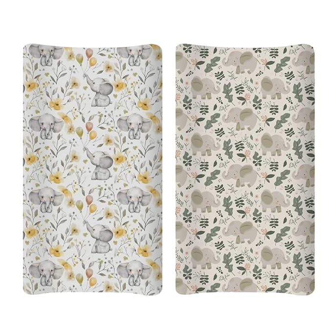 Soft 2 Pack Cartoon African Safari Animal Pattern Baby Changing Pad Covers for Infant Newborn, Unisex Elephant Flower Leaves Nursery Fitted Diaper Changing Table Pad Mat Sheets for Boys Girls-16x32