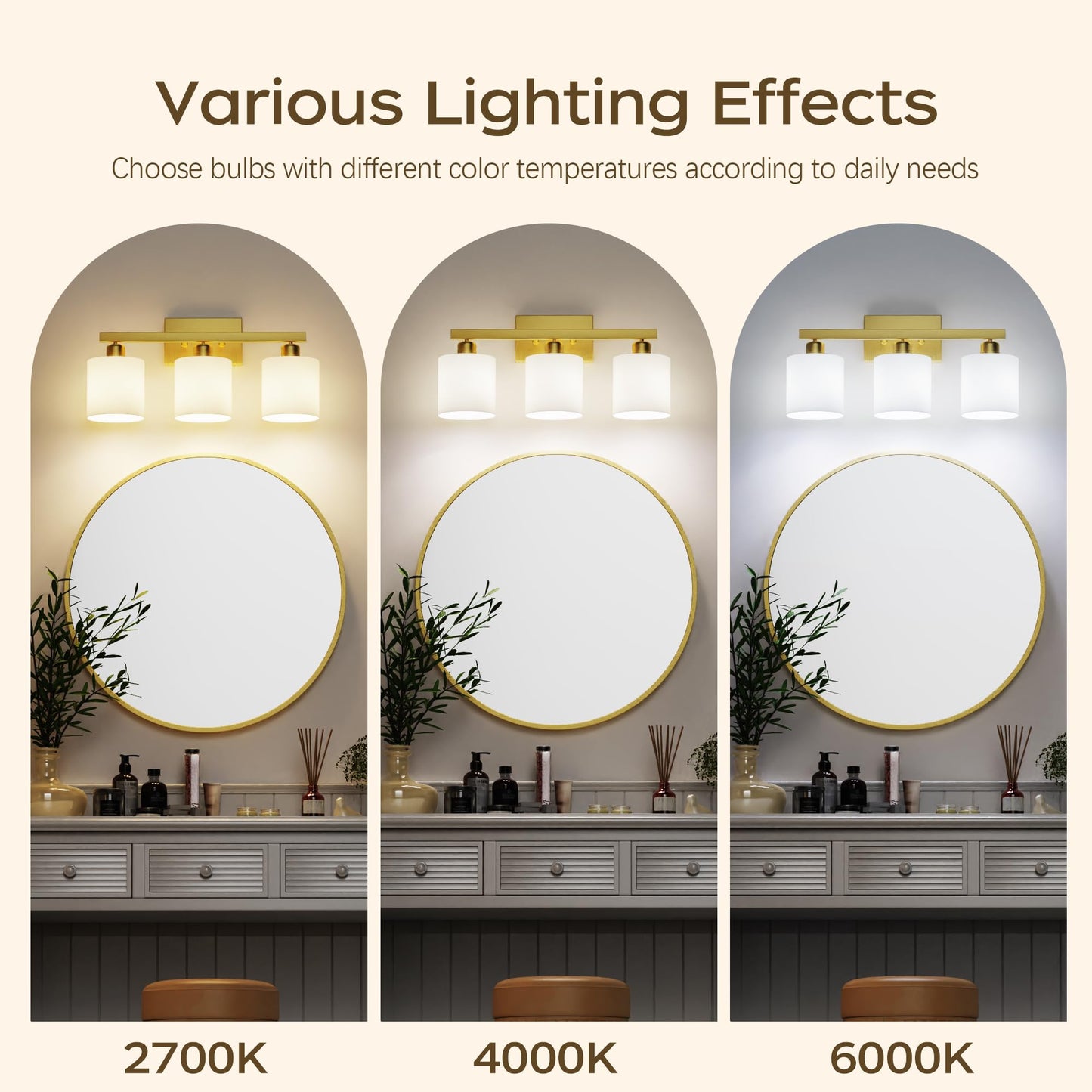PARTPHONER Bathroom Light Fixtures, Bathroom Lighting Fixtures Over Mirror, Interior Classic Vanity Lights, Modern Vanity Light with Textured White Glass Shade, Brushed Gold, 3-Light