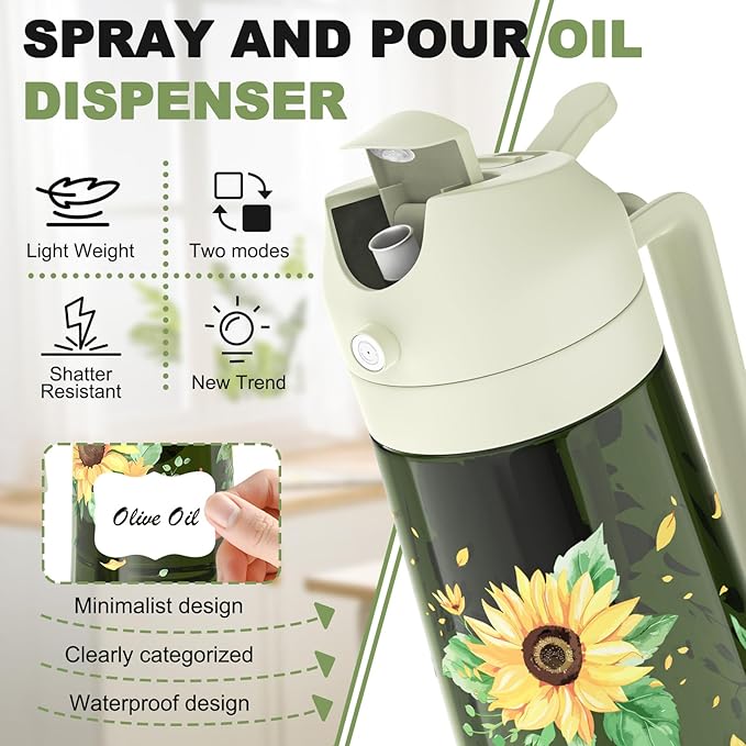 COOLMI Oil Sprayer for Cooking, 2 in 1 Olive Oil Dispenser Bottle Set for Kitchen, Food-Grade Glass Green Oil Vinegar Bottle Container - 16OZ/470ML Set of 2 (Beige + Green)