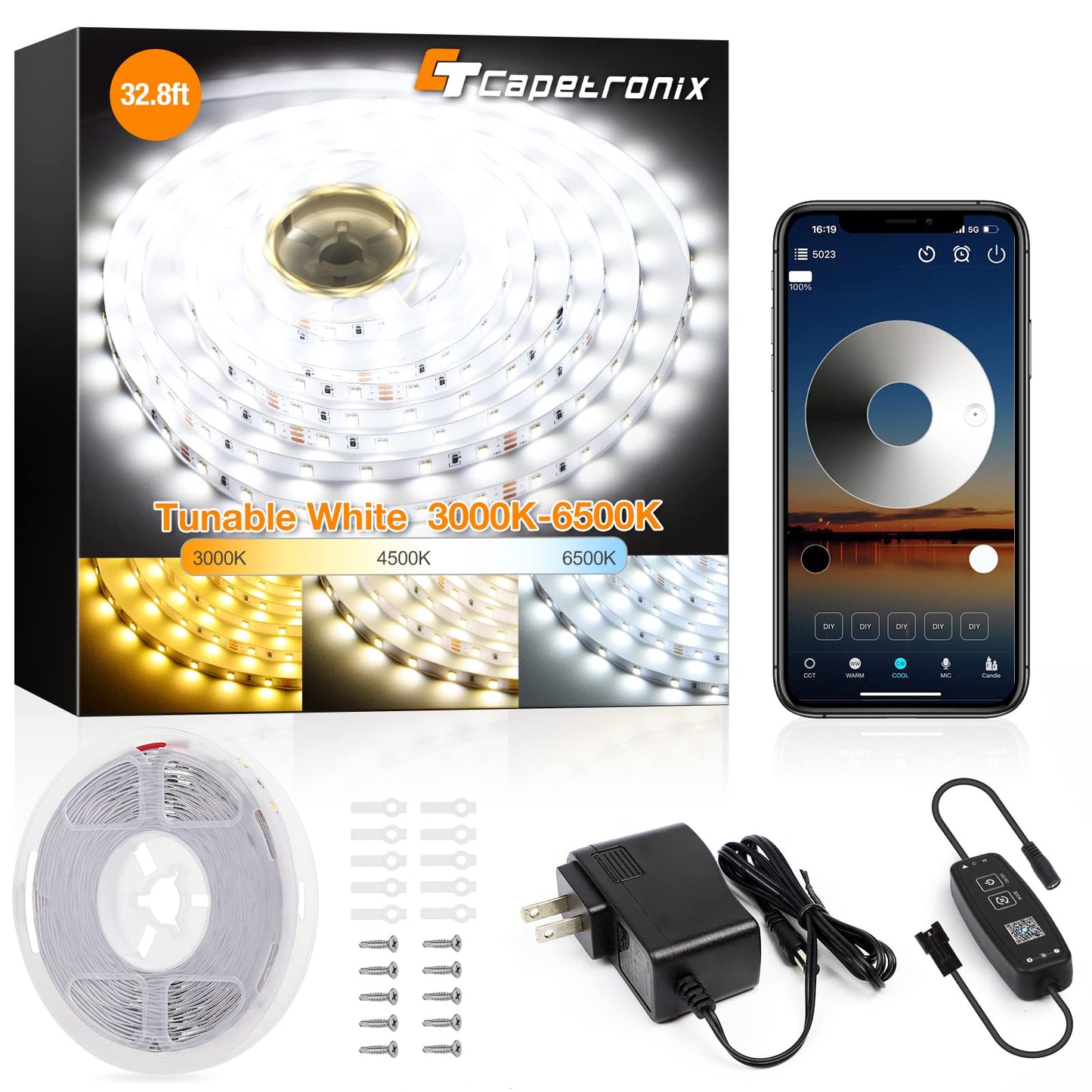 CT CAPETRONIX Tunable White LED Strip Light 3000K-6500K 32.8ft Vinyl Multicolor Dimmable with Adapter