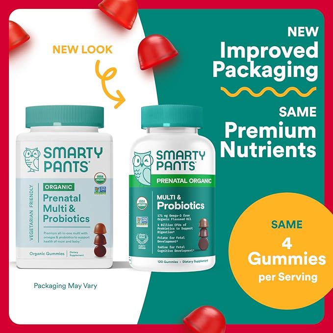 SmartyPants Organic Prenatal Vitamins for Women, Multivitamin Gummies: Probiotics, Biotin, Methylfolate, Omega 3 (ALA), Vitamin D3, C, Vitamin B12, B6, A, K2 & Zinc, Choline, 120 Count (30 Day Supply)