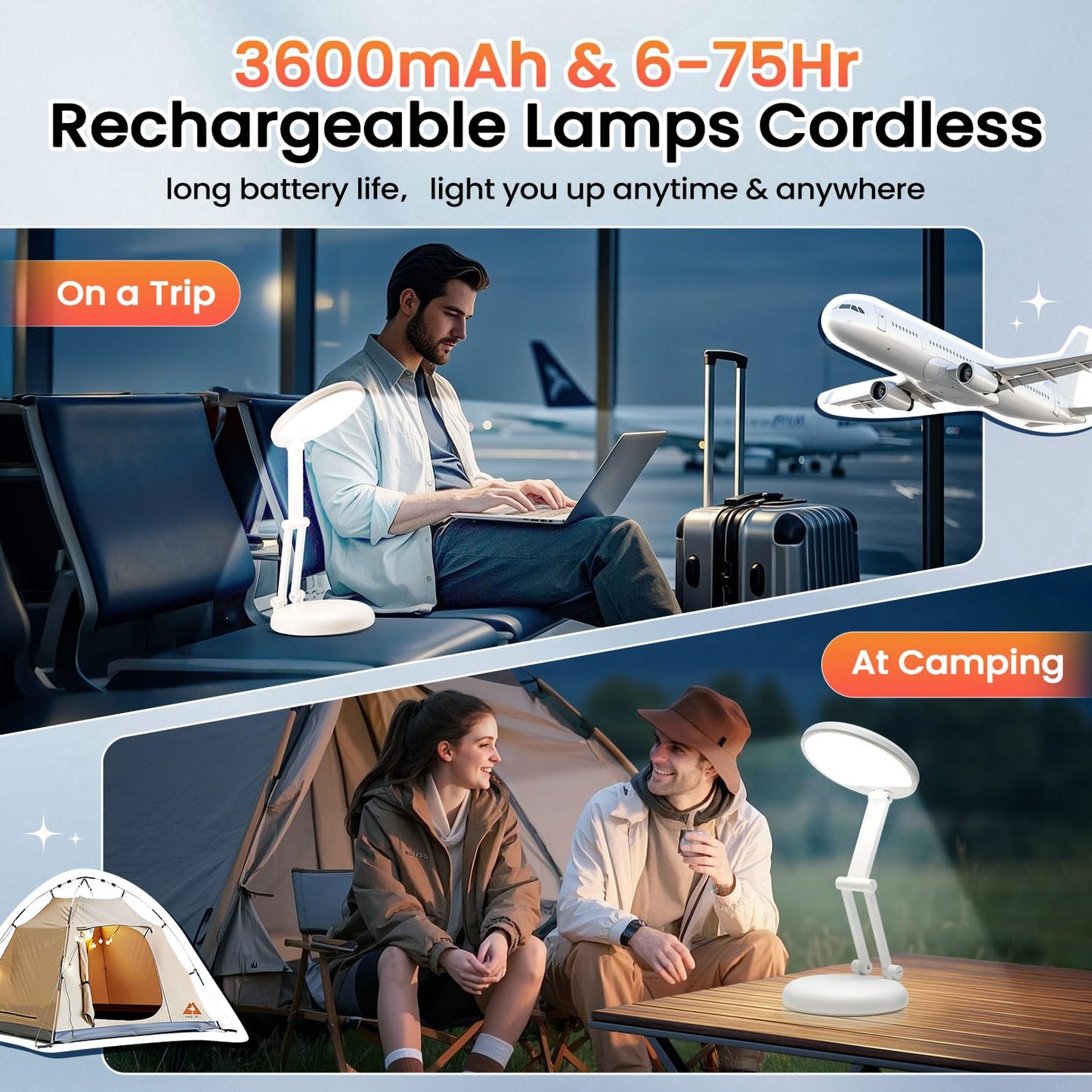 One Fire Battery Operated Desk Lamp, Small, Foldable & Portable, Dimmable, White Wood
