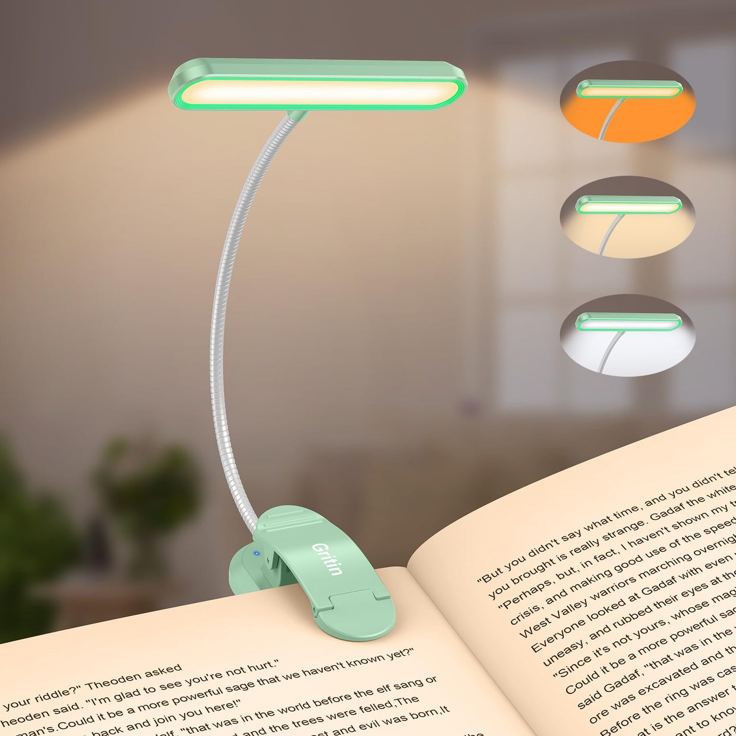 Gritin Rechargeable Book Light with 19 LED, 3 Color Temperatures, 5 Brightness Levels, Flexible Goose Neck, Model G1321, Light Orchid Green
