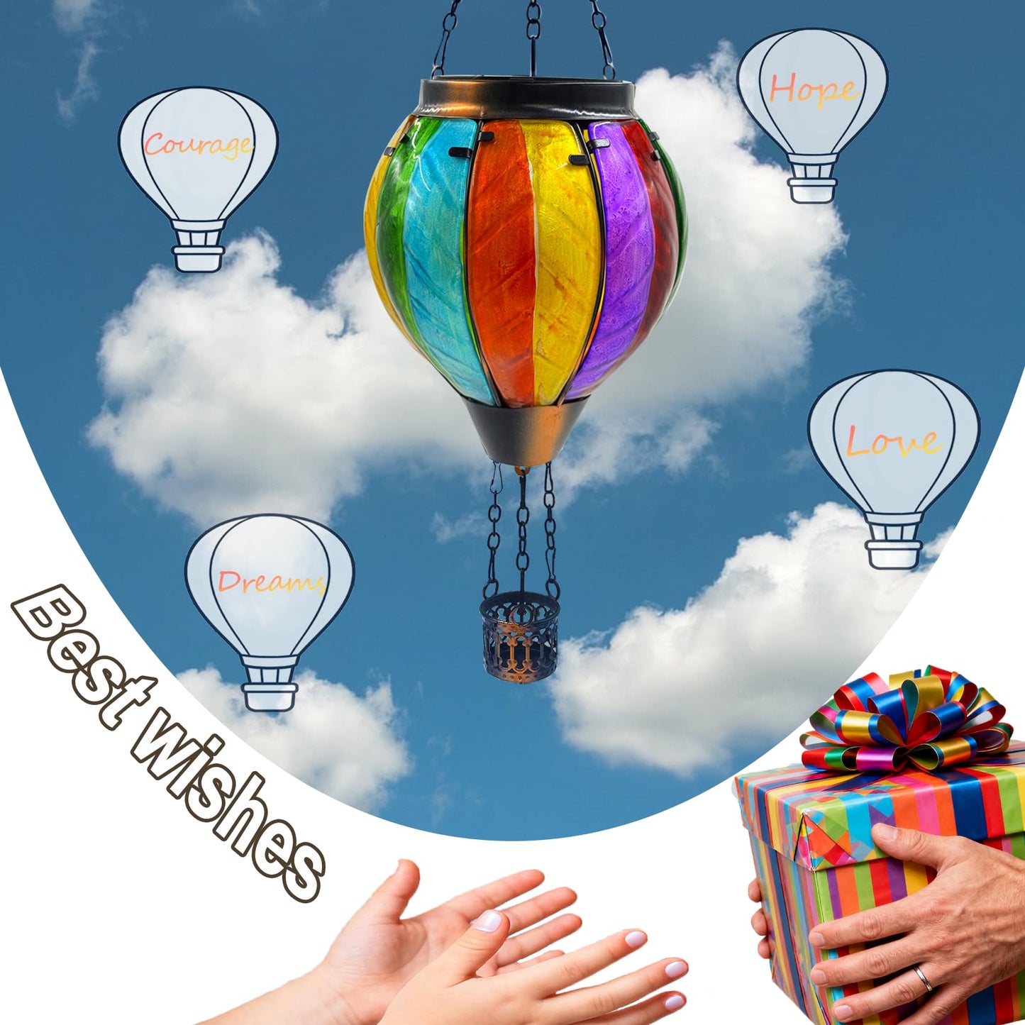 Twirleternity 2Pcs Hot Air Balloon Solar Lantern (Metal Shepherds Hook) (Flickering Flame) (Efficient Solar Panel Power) Hanging Lanterns Outdoor Waterproof Thanksgiving Gifts Colorful Rainbow