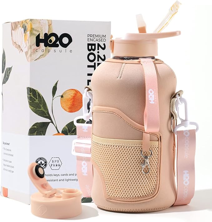 H2O Capsule 2.2L Half Gallon Water Bottle with Storage Sleeve and Removable Straw – BPA Free Large Reusable Drink Container with Handle - Big Sports Jug, 2.2 Liter (74 Ounce), Sandy Beige