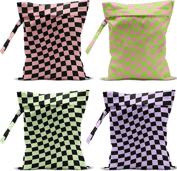 4 Pack Multicolor Checkered Wet Bag Waterproof Washable Reusable Wet Dry Bag for Swimsuit Clothes Cloth Diaper Travel Beach Pool Yoga Gym Toiletries Gift for Women Bachelor Party Birthday Christmas
