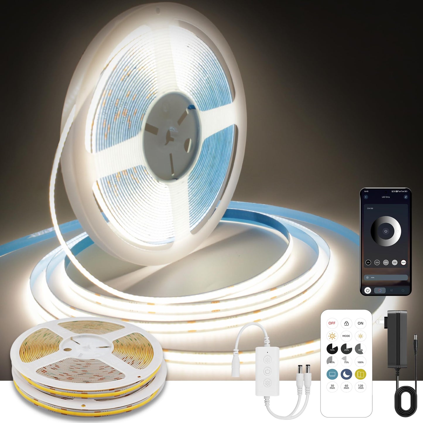 Pandery COB LED Strip Lights, 50FT Dimmable 24V, 4000K Natural White, Flexible Cuttable FPC+CHIPS, Model PD-COB-24V