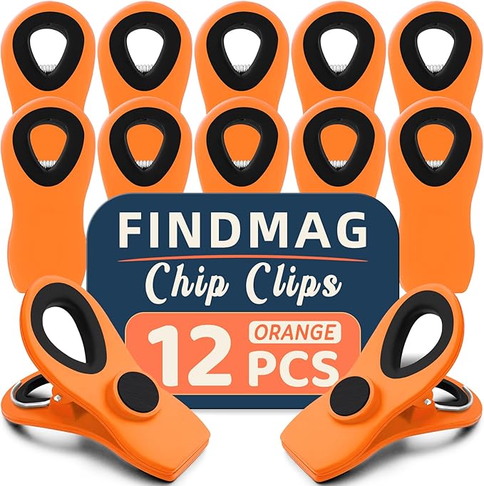 FINDMAG 12 Pack Big Chip Clips, Orange Magnetic Clip for Plants, Plastic Snack Clip for Bags, Food Sealing Clips with Magnet for Chips, Snacks, Fridge and Food Organization