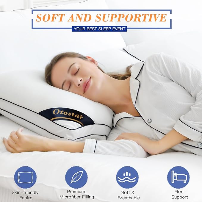 OTOSTAR Pillows King Size Set of 4 Bed Pillows for Sleeping Cooling Pillows 4 Pack with 3D Microfiber Filling Breathable Cover Pillows for Back Stomach or Side Sleepers Soft Fluffy Pillows for Bed