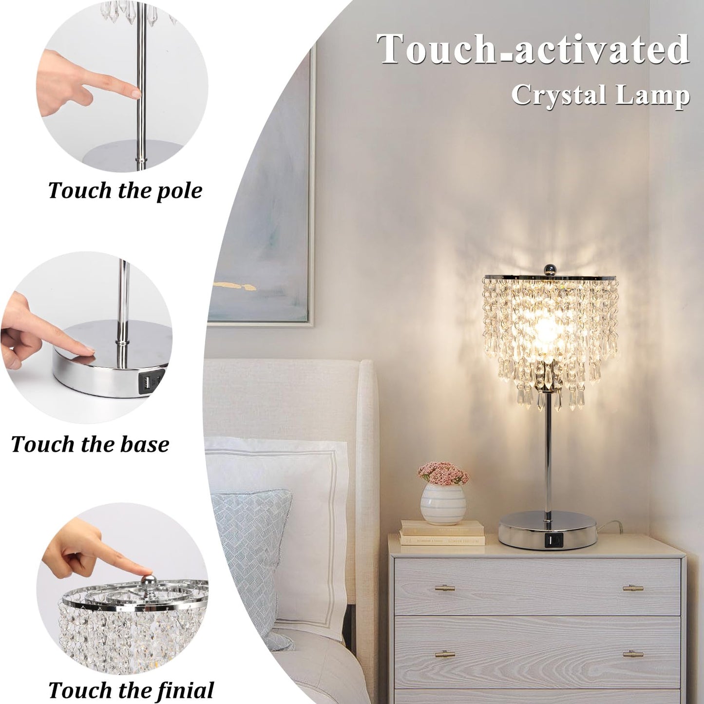 Seaside Village Touch Control Crystal Table Lamp, 3-Way Dimmable, Dual USB Charging Ports, Silver, Model 13047