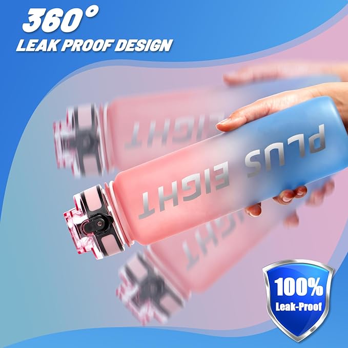 Sports Water Bottle, 32 oz Motivational Water Bottles with Time Marker to Drink, Leak-Proof Tritan BPA-Free with Carrying Strap for Women Men Gym Fitness Outdoor (Pink Blue)