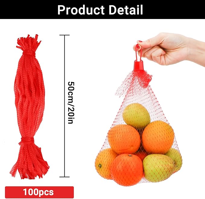 100 Pack Reusable Produce Bags, Mesh Netting with Loop-Style Closures, Onion Bags Mesh Bags for Vegetables, Melon Cradle for Garden Trellis Fruit Hammock Onion Storage, 19.7 inch Red