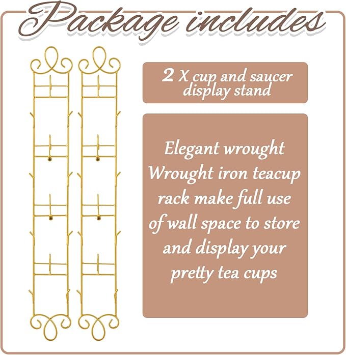 Blulu 2 Pcs 36'' x 5'' Tea Cup and Saucer Display Stand 4 Tiers Vertical Wall Mounted Cups Plate Holder Wall Plate Hangers Decorative Brackets for China Coffee Mug Gifts Thanksgiving Christmas (Gold)