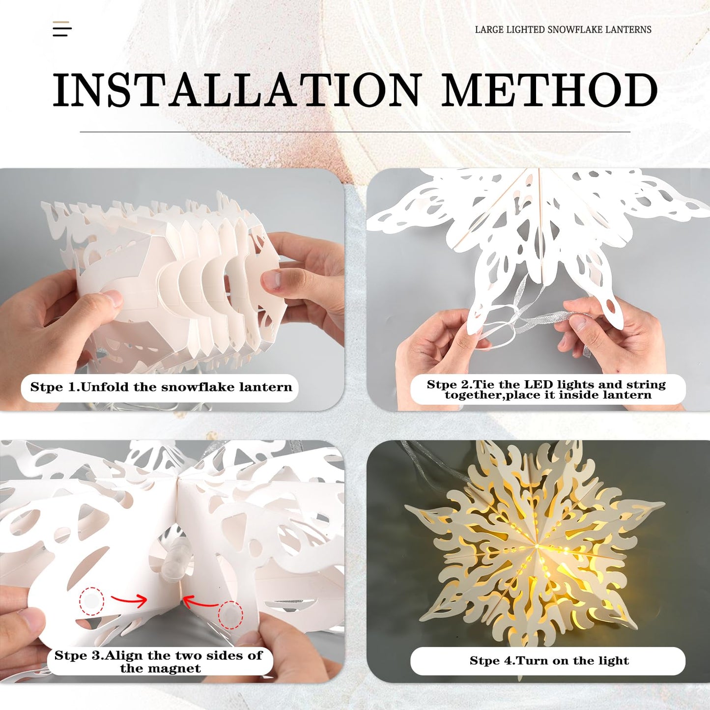 10 Pcs Christmas Paper Snowflake Lanterns  Large Christmas Paper Star Lanterns With Led Lights White Hanging Snowflake Lamp Ornaments For Xmas Winter Frozen Weddings Birthday Holiday Party Decorations