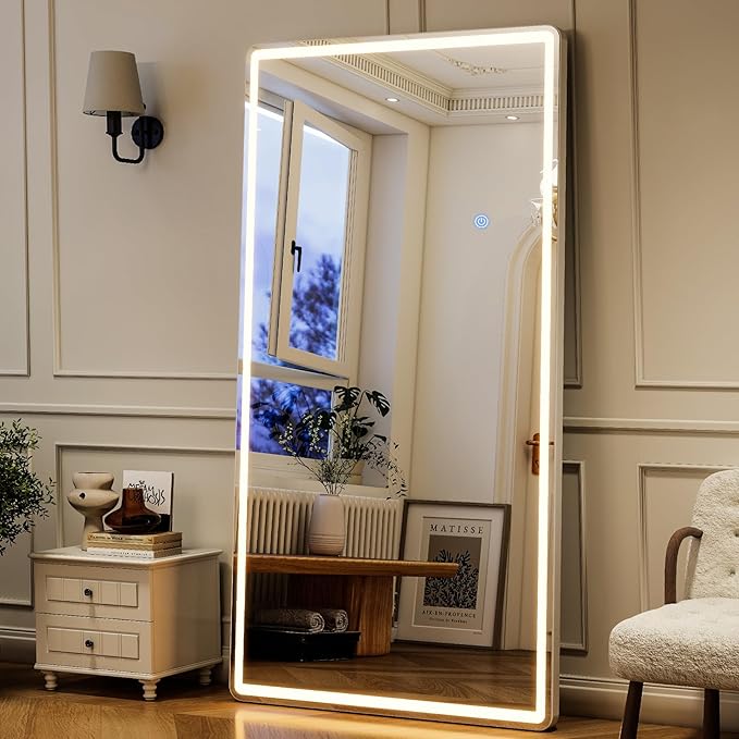 GLSLAND 26"x68" LED Full Length Mirror - Full Body Mirrors with Lights Dimmable 3 Color Lighting Floor Standing Mirror Hanging for Bedroom Living Room Cloakroom,White