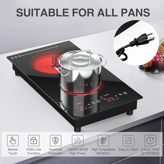 12" Electric Induction Cooktop - 2 Burner 110V Stove Top - Infrared Heating, Built-in Double Burner Cooktop with 20 Temperature Settings, Compatible with All Cookware