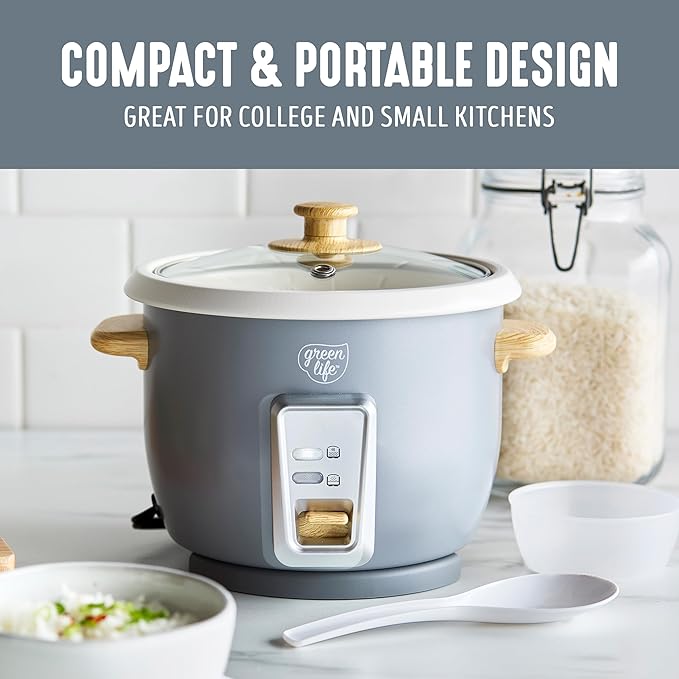 GreenLife Rice Cooker with Removable PFAS-Free Nonstick Pot, 3-Cups Uncooked/6-Cups Cooked, One-Switch Design, Auto Keep Warm Function, Soup, Grains, Oatmeal, Wood Handle, Gray
