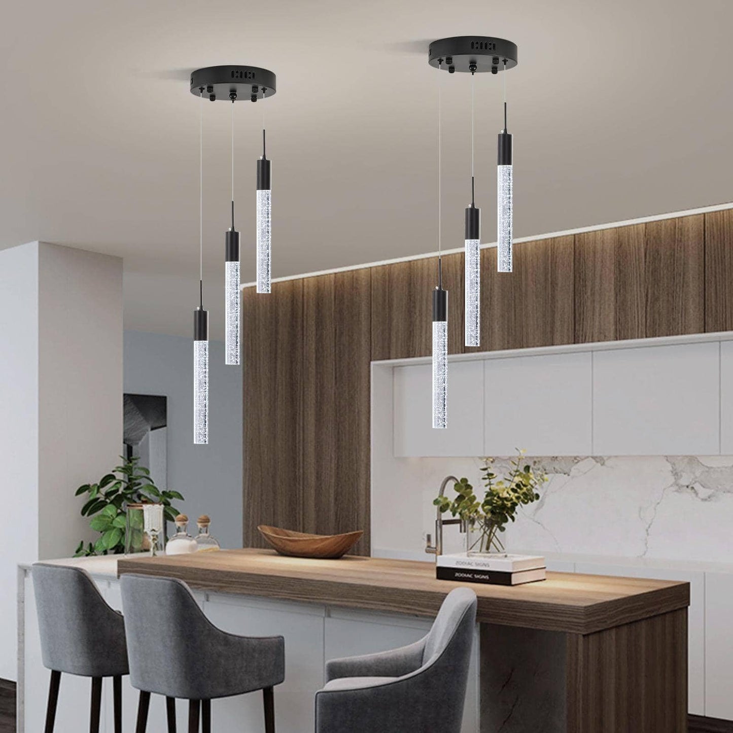 Upfelw Modern Crystal Chandelier 3-Lights  Spiral Led Raindrop Kitchen Island Pendant Lighting  Bubble Foyer Dinimg Room Hanging Light Fixture Remote Control Black