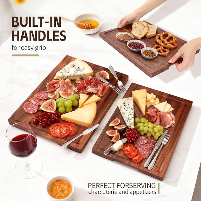 Walnut Wood Cutting Boards for Kitchen, 3 PCS Wooden Cutting Board Set with Holder Large to Small, Chopping Board Set with Deep Juice Grooves, Non Toxic Serving Tray, Perfect Mother's Day Gifts