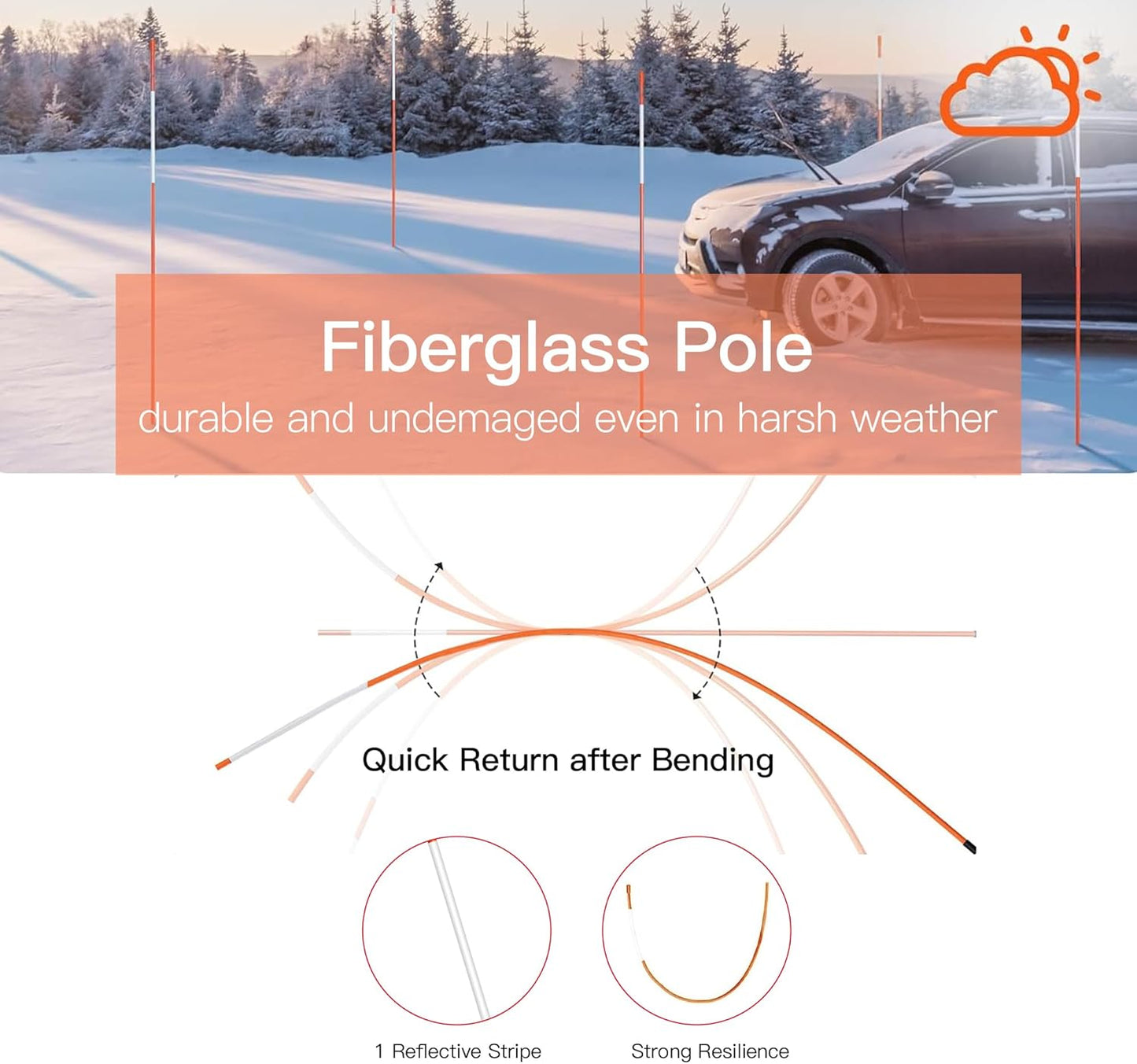 Driveway Markers 48 inch 20pcs, 5/16” Dia 4FT Snow Stakes with Reflective Tape, Highly Visible for Parking, Walkways, Snow Markers, 4FT Orange Fiberglass Poles Reflectors Markers with Steel Drill Bit