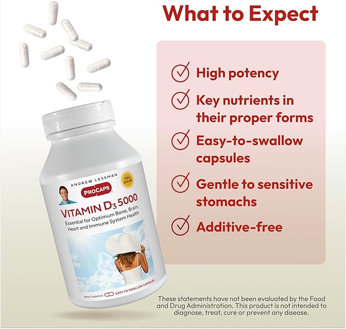 ANDREW LESSMAN Vitamin D3 5000 IU 60 Capsules - High Potency, Essential for Calcium Absorption, Supports Bone Health, Healthy Muscle Function, Immune System, More. Small Easy to Swallow Capsules