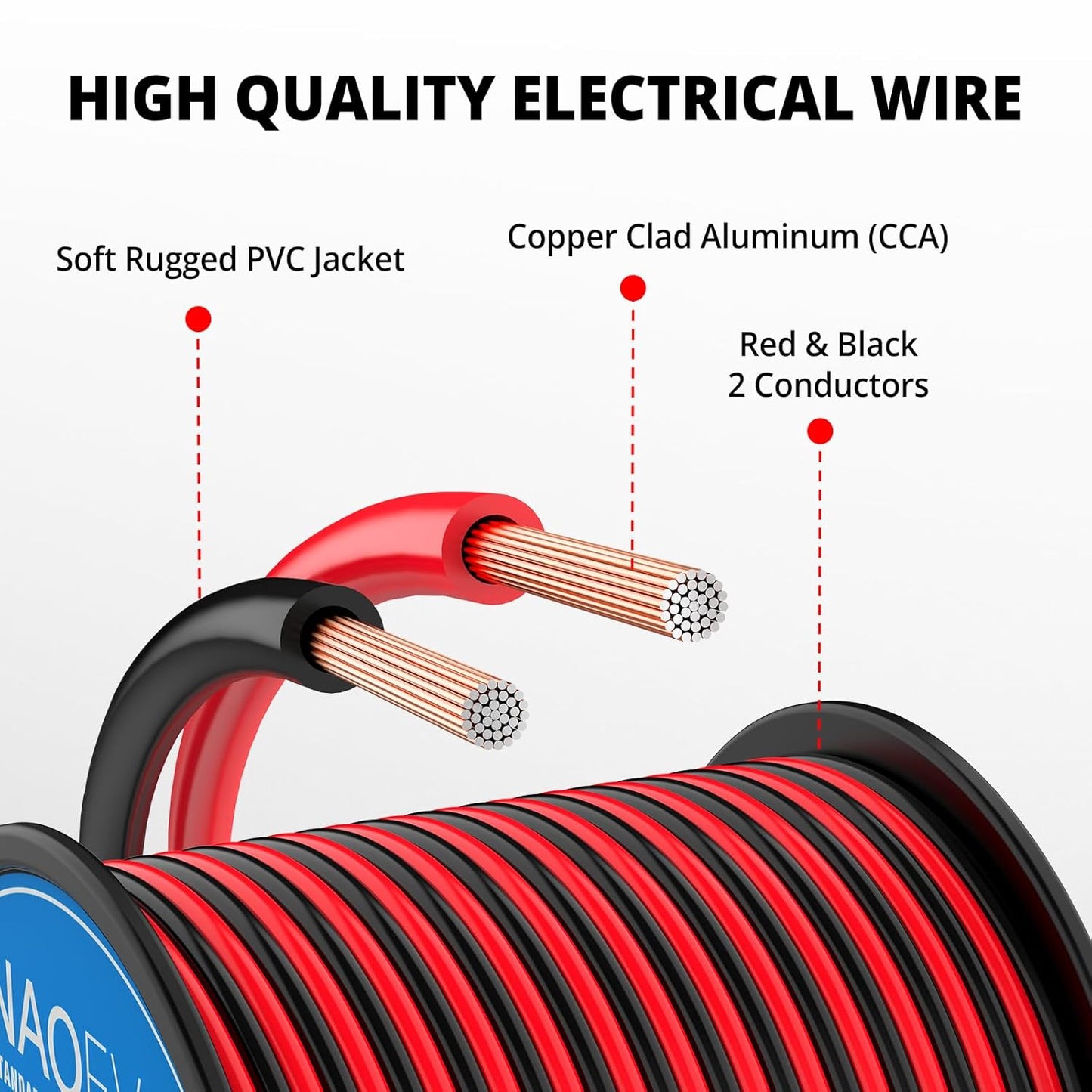 NAOEVO 12 Gauge Wire 500FT, 2 Conductors Electrical Wire Red Black Cable, Flexible/Low Voltage/PVC 12 AWG Copper Clad Aluminum Extension Cord for Speaker, LED Strips, Automotive 12V/24V DC