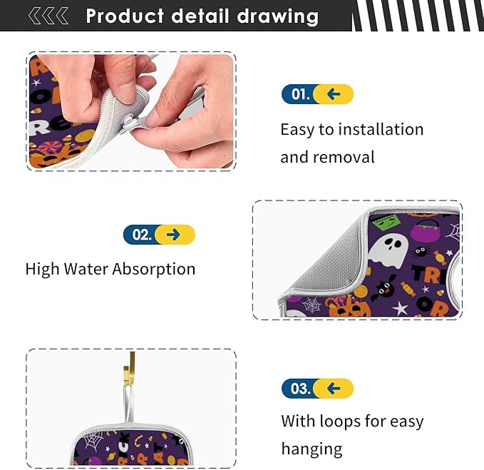 Happy Halloween Purple Faucet Sink Mat for Kitchen 2 Pack Spooky Ghost Pumpkin Bat Witch Bathroom Drying Mat Absorbent Splash Water Catcher Mats Microfiber Cloth Drip Protector Splash Pad 30x5 Inches
