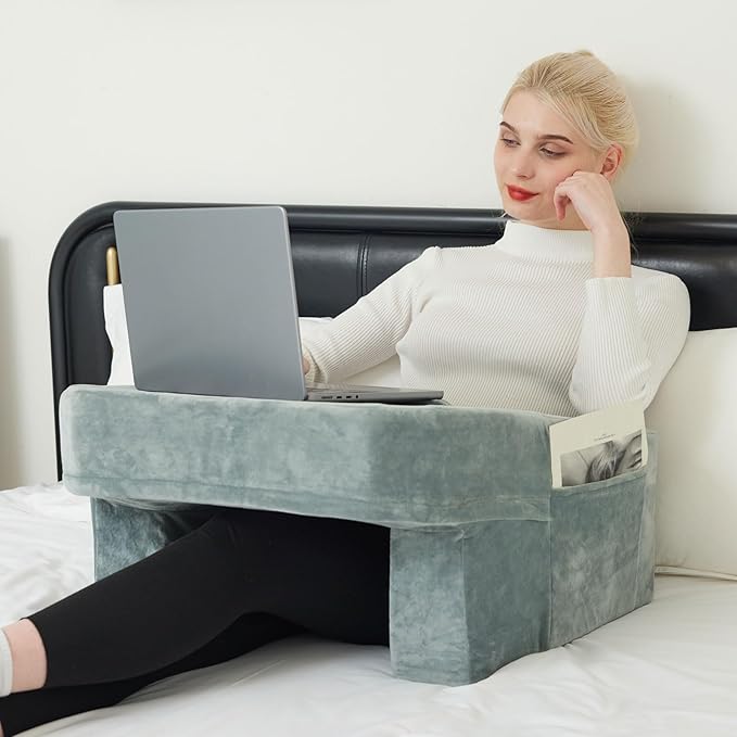 Soft Reading Pillow for Gaming,Arm Rest Lap Desk Pillow,Bed Rest Pillow for Adults Reading,Working,Crocheting,Playing Steam Deck Switch or Sitting in Floor Sofa,Two Side Pockets & Anti-Slip Strip