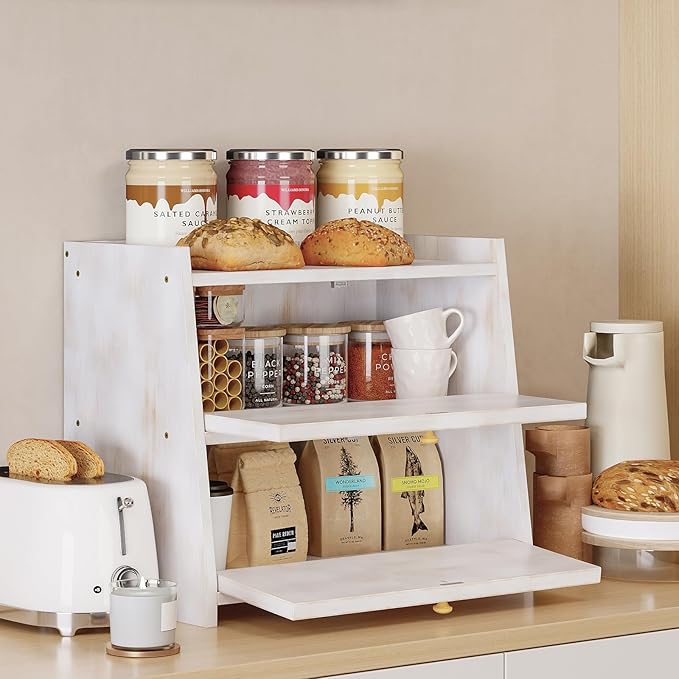 Vintage Double Layer Bread Box for Kitchen Counter Bamboo Bread Storage Container Large Capacity Bread Storage Bin (Antique White)