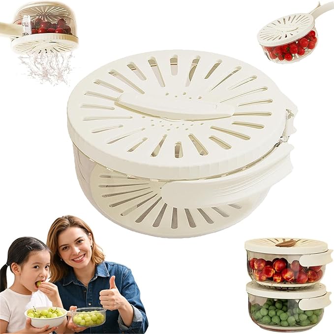 2 in 1 Draining and Preservation Basket, 2 in 1 Drainer and Strainer, Draining and Preservation Basket, Rotating Lid Mechanism, Multifunctional Fruit and Vegetable Washing Bowl (White, Small)