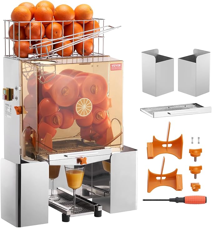 VEVOR Commercial Orange Juicer Machine, 120W Automatic Juice Extractor, Stainless Steel Orange Squeezer for 20 Oranges Per Minute, with Pull-Out Filter Box, PC Cover, 2 Peel Collecting Buckets