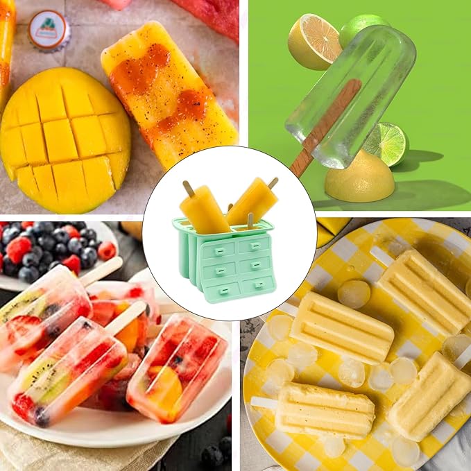 Silicone Popsicle Molds with Sticks Wpunwen 6 Cavity Ice Popsicle MoldsIce Cream Mold with Clean Brush 6 Reusable Sticks 50 Sticks 50 Bags Green