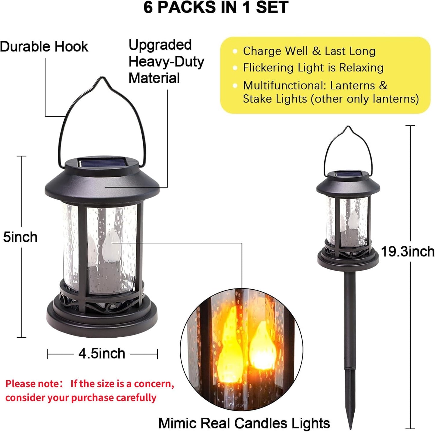 Beautyard Solar Candles Lights, Flickering Lantern Stake, Black, Small, Model Bee6454, 6 Pack for Garden, Patio, Lawn Decor