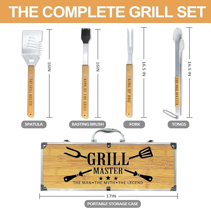 Grilling Accessories, Christmas Grilling Gifts for Men, Birthday Gift for Dad, Heavy Duty Wooden BBQ Grill Kit, Thick Stainless Steel Grill Utensils with Non-Slip Handle Tools in Portable Bag